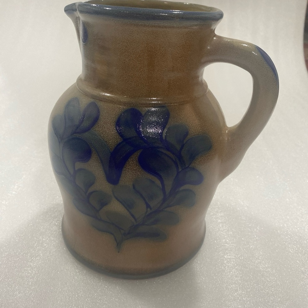 Beaumont Brothers Pottery 9” Salt Glazed Pitcher With Handle Blue Heart Design